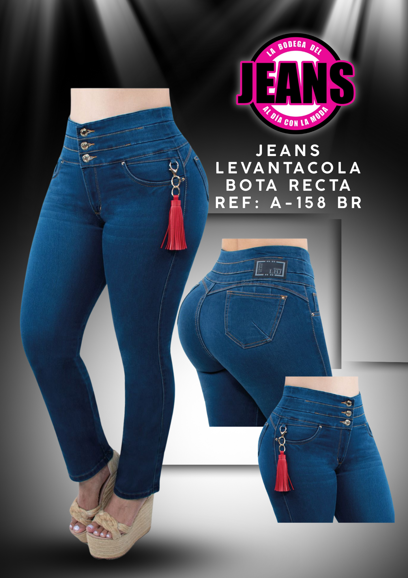 JEANS PRETINA ANCHA, CON BOLSILLOS BOTA RECTA A-158 BR